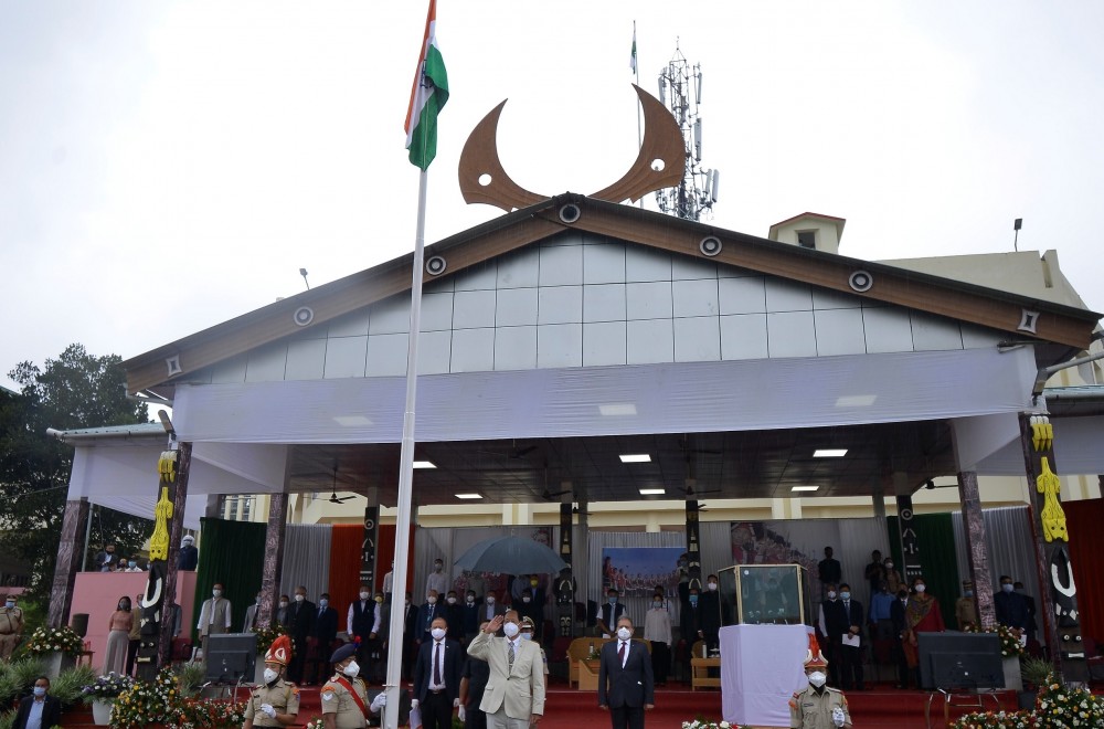 Nagaland Chief Minister Neiphiu Rio taking the Rashtriya Salute during the State level celebration of India's 74th Independence Day at Secretariat Plaza, Kohima on August 15. (DIPR Photo)